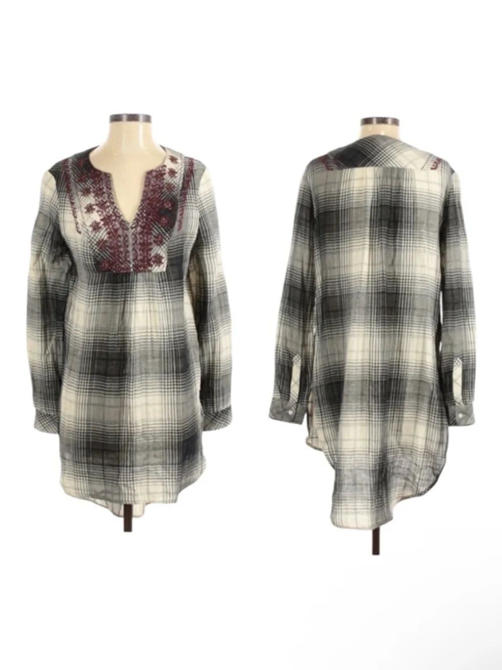 Anthropologie FLOREAT Villa Plaid Embroidered Beaded Tunic Popover Top XS